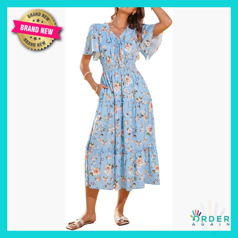 Summer Floral Maxi Dress Flowy Casual Beach Vacation Sundress with Pockets